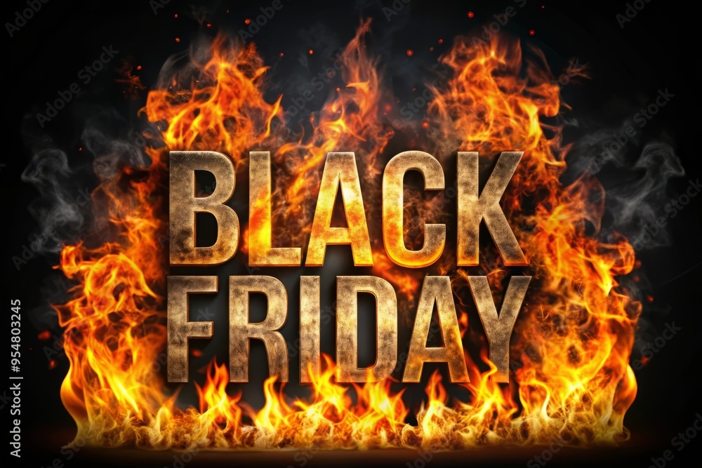 Fiery Black Friday text engulfed in flames on a dark background, symbolizing intense shopping deals and discounts associated with the annual retail event.
Fiery Black Friday text engulfed in flames on a dark background, symbolizing intense shopping deals and discounts associated with the annual retail event.