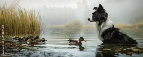 Agile Border collie herding ducks in pond, 4K hyperrealistic photo