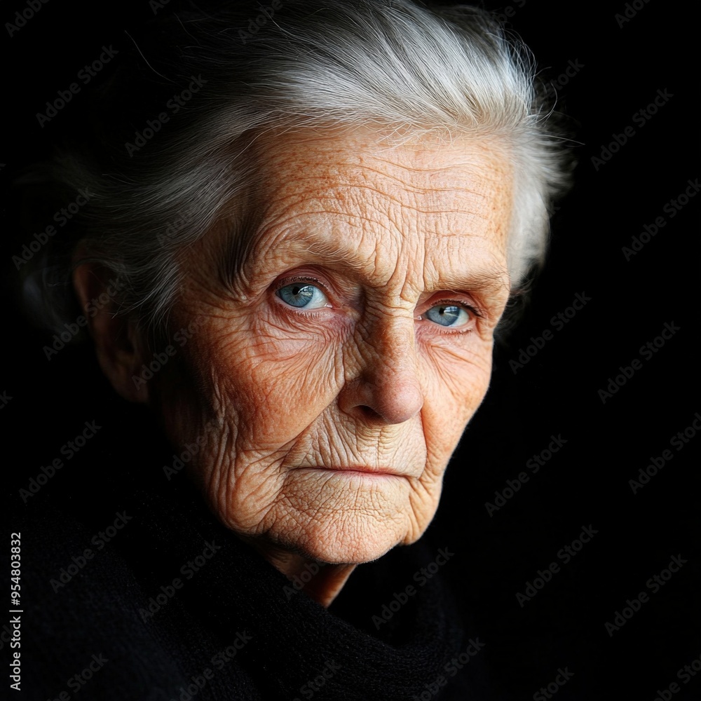 The wisdom of age shines through deep-set blue eyes in soft, dramatic lighting The wisdom of age shines through deep-set blue eyes in soft, dramatic lighting