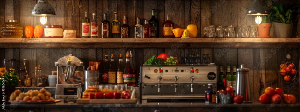 Cozy kitchen shelf with assorted bottles and fruits Cozy kitchen shelf with assorted bottles and fruits