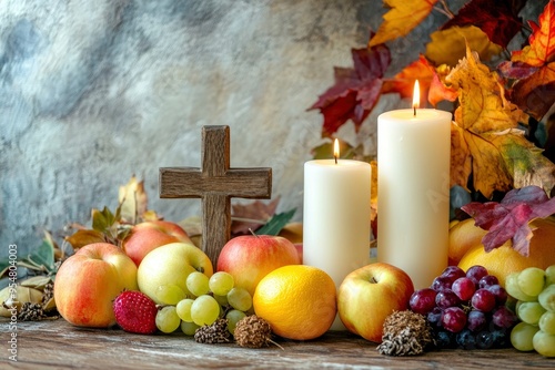 Church thanksgiving fruit decoration and background with candles and cross of Jesus with generative ai