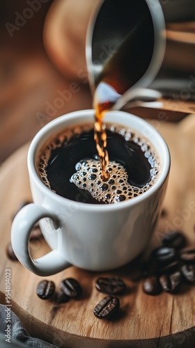 Close-up of hot black coffee being poured into a white cup, surrounded by coffee beans on a wooden surface. photo