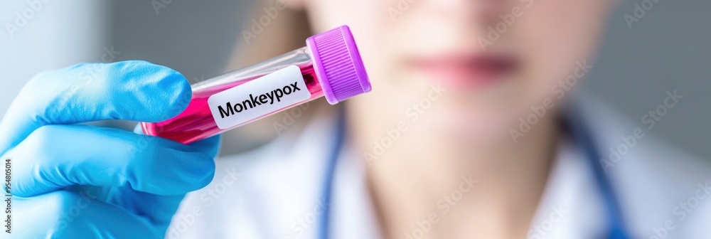A woman is holding a tube of Monkeypox. The tube is pink and purple. The woman is wearing a white lab coat A woman is holding a tube of Monkeypox. The tube is pink and purple. The woman is wearing a white lab coat
