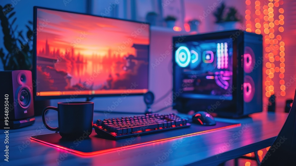 A gaming setup with a keyboard, mouse and computer monitor in the background. There is a cup on the desk next to it. The lighting has blue, purple and red neon lights. Generative AI. A gaming setup with a keyboard, mouse and computer monitor in the background. There is a cup on the desk next to it. The lighting has blue, purple and red neon lights. Generative AI.