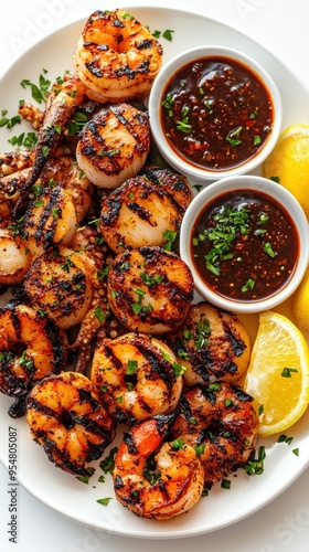 Grilled Seafood Platter with Lemon and Dipping Sauce photo