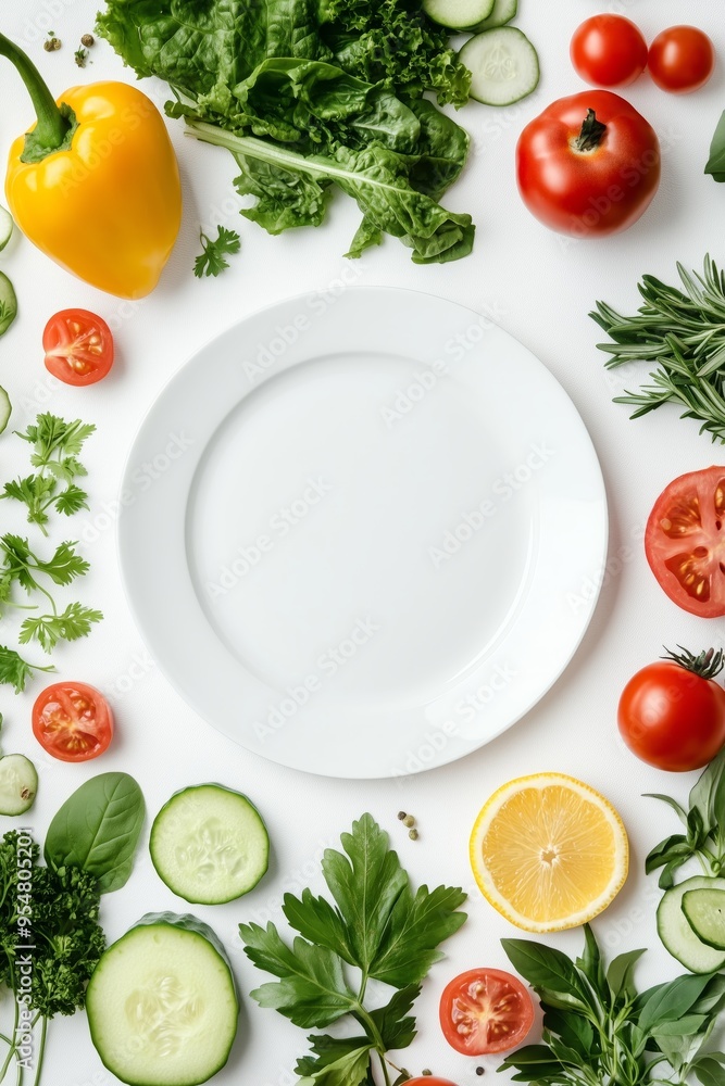 A white plate placed in the center amidst an array of fresh vegetables including tomatoes, cucumbers, and leafy greens. A white plate placed in the center amidst an array of fresh vegetables including tomatoes, cucumbers, and leafy greens.