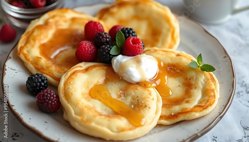 Syrniki: Golden Syrniki with Sour Cream, Honey, and Fresh Berries