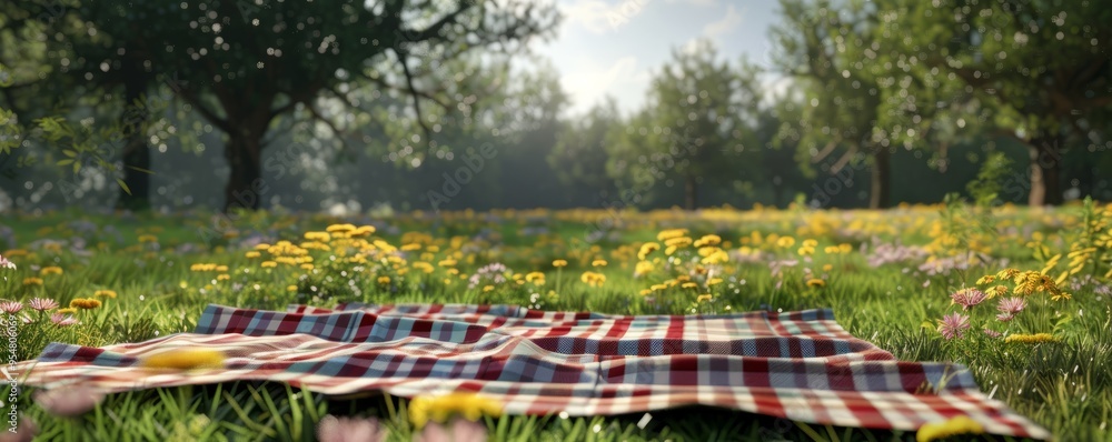 Obraz premium Laying out a checkered picnic blanket in the meadow for a sunny day out, 4K hyperrealistic photo