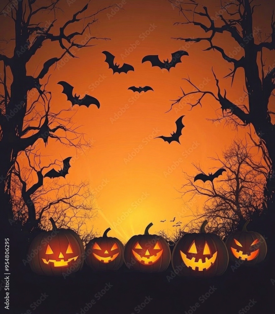 background with a Halloween theme that has dark trees, bats, and pumpkins. Mobile phone wallpaper for Halloween night. background with a Halloween theme that has dark trees, bats, and pumpkins. Mobile phone wallpaper for Halloween night.