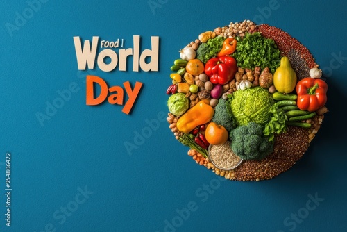 World Food Day Poster: A creative design featuring the Earth made up of various food items fruits, vegetables, grains, and spices. The text 