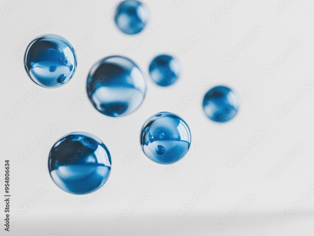 A series of spheres are floating in the air. Concept of weightlessness and freedom, as if the spheres are floating effortlessly through the air. The blue color of the spheres also adds a calming A series of spheres are floating in the air. Concept of weightlessness and freedom, as if the spheres are floating effortlessly through the air. The blue color of the spheres also adds a calming