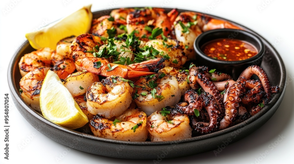 Grilled Shrimp, Scallops, and Octopus with Lemon and Sauce Grilled Shrimp, Scallops, and Octopus with Lemon and Sauce