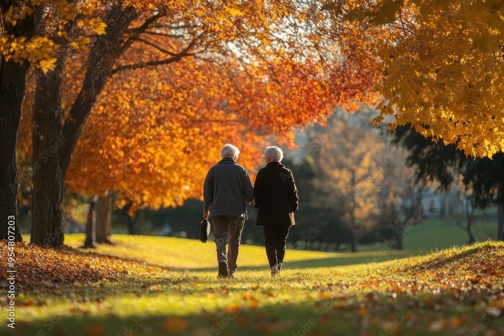 A senior couple enjoying a leisurely walk in a park, representing the importance of active lifestyles in aging healthily. A senior couple enjoying a leisurely walk in a park, representing the importance of active lifestyles in aging healthily.