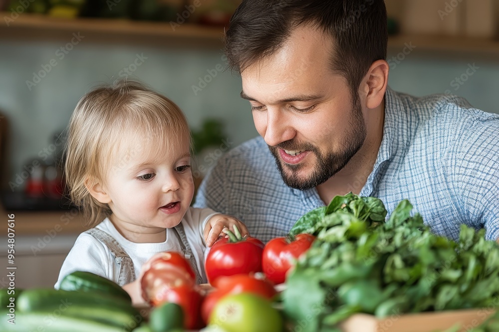 A young father teaching his child about healthy eating, symbolizing the importance of family health education and choices. A young father teaching his child about healthy eating, symbolizing the importance of family health education and choices.