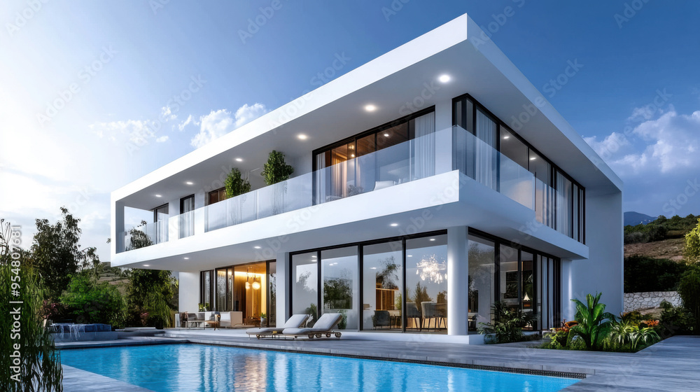 Contemporary luxury house with large glass windows, pool, and terrace, illuminated at dusk, surrounded by lush greenery and a serene atmosphere. Contemporary luxury house with large glass windows, pool, and terrace, illuminated at dusk, surrounded by lush greenery and a serene atmosphere.