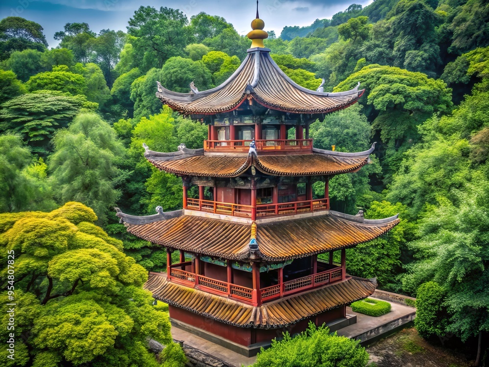 A majestic ancient Chinese pagoda stands tall, its intricately carved eaves and multi-tiered roof nestled within a lush haven of greenery. A majestic ancient Chinese pagoda stands tall, its intricately carved eaves and multi-tiered roof nestled within a lush haven of greenery.