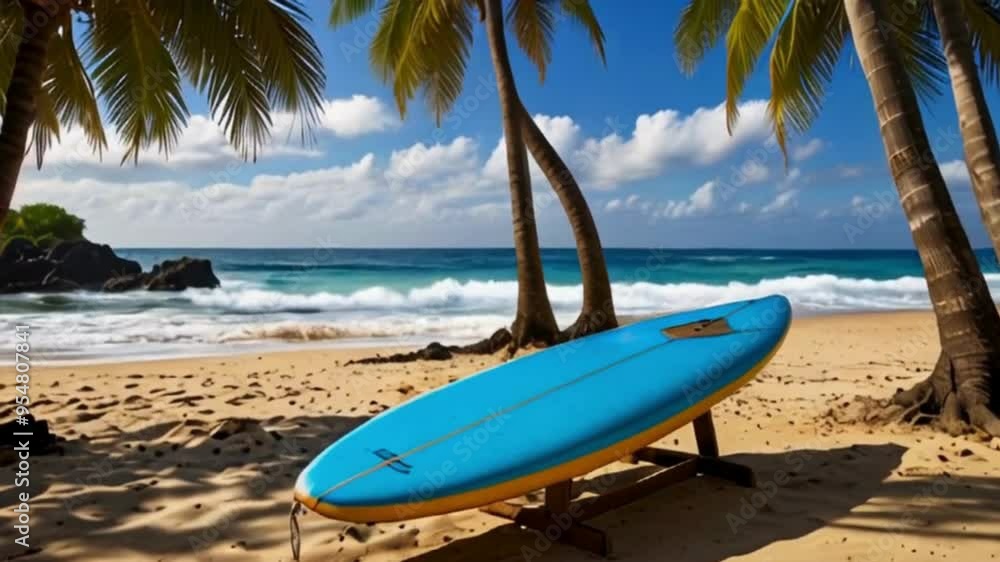Yellow and Blue Surfboard on Sandy Beach with Ocean and Palm Trees