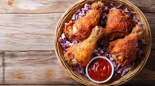 A crispy chicken bucket served on a picnic table with drumsticks and wings, coleslaw, and dipping sauce