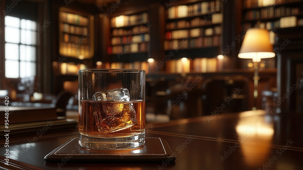 Sophisticated Scotch Whisky with Ice Cube on Mahogany Desk. AI generated illustration Sophisticated Scotch Whisky with Ice Cube on Mahogany Desk. AI generated illustration