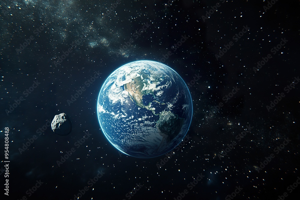Earth and Nearby Asteroid in Space Earth and Nearby Asteroid in Space