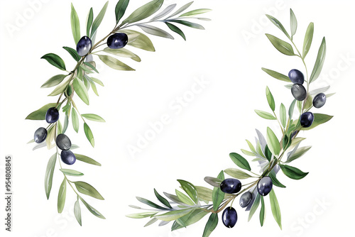 round wreath with olive branch and silver outline. watercolor olive leaves, green and black olives fruit isolated on white. Hand drawn floral illustration, circle frame for wedding design, logo, menu
