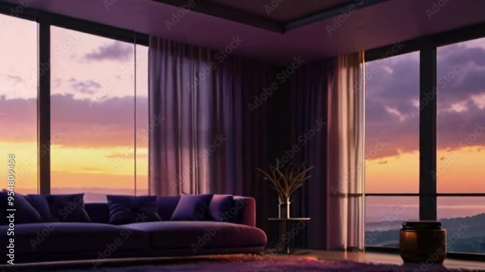 Purple Living Room with Large Windows Showing a Sunset Over Mountains Purple Living Room with Large Windows Showing a Sunset Over Mountains