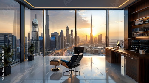 A luxurious, modern office in a high-rise building with floor-to-ceiling windows offering a stunning view of the city skyline, Dubai. office is impeccably designed with sleek, contemporary furniture. photo