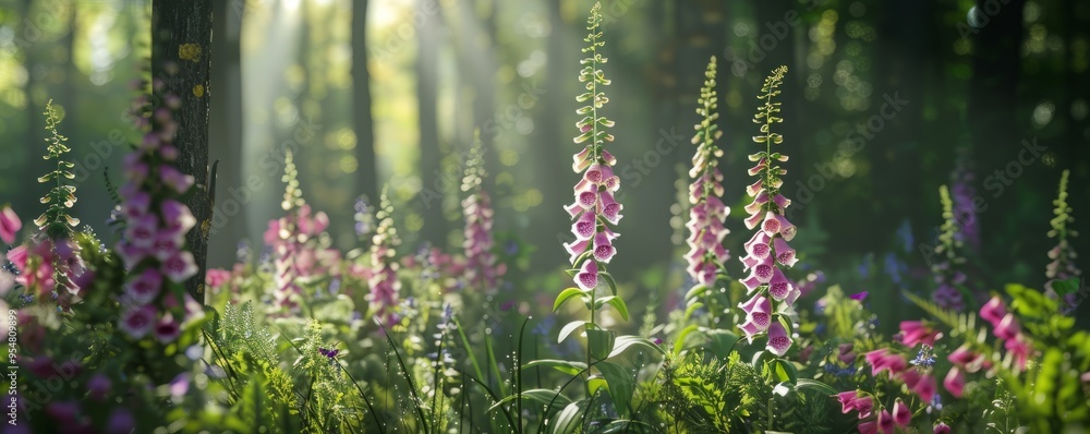 Obraz premium Whimsical foxglove flowers in a woodland clearing, 4K hyperrealistic photo