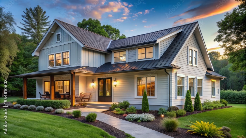 Naklejka premium Crisp, clean lines and soft earth tones come together in a harmonious blend of white siding, modern windows,