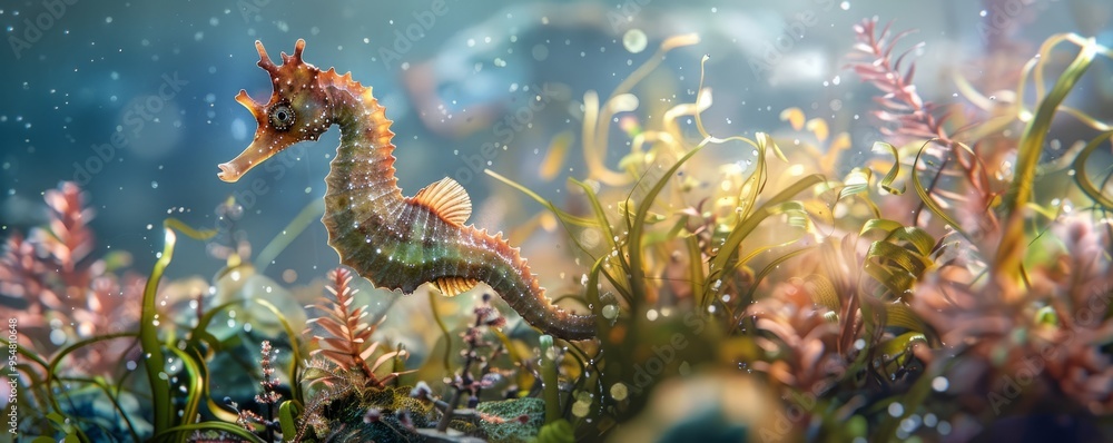 Graceful seahorse dancing among seaweed, 4K hyperrealistic photo Graceful seahorse dancing among seaweed, 4K hyperrealistic photo