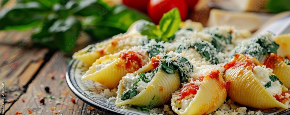 Spinach and ricotta-stuffed pasta shells, 4K hyperrealistic photo Spinach and ricotta-stuffed pasta shells, 4K hyperrealistic photo