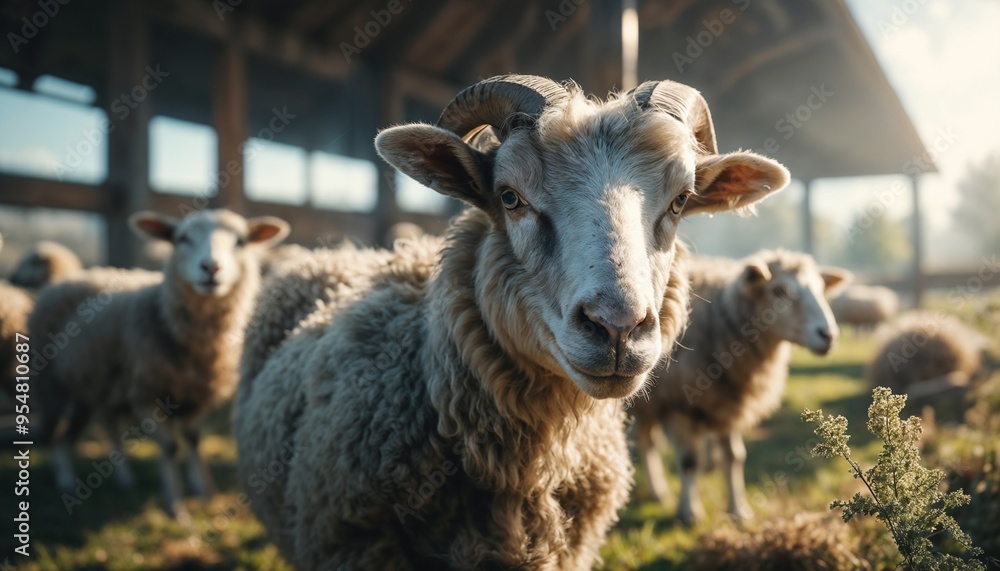 Photorealistic image of sheep in farm with blurred background Photorealistic image of sheep in farm with blurred background
