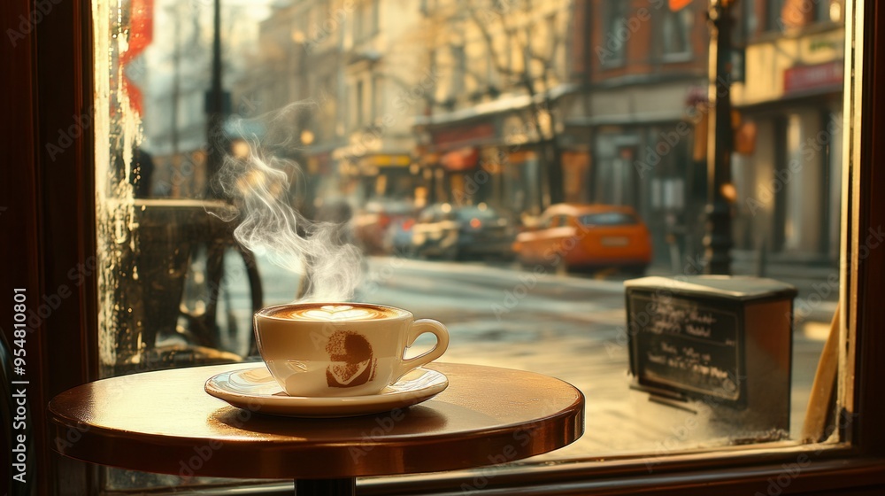 Steaming Espresso Cup on Cafe Table with European Street View. AI generated illustration Steaming Espresso Cup on Cafe Table with European Street View. AI generated illustration