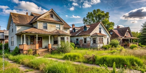 Crumbling houses with broken shutters and sagging porches are surrounded by lawns gone wild, choked with vegetation.