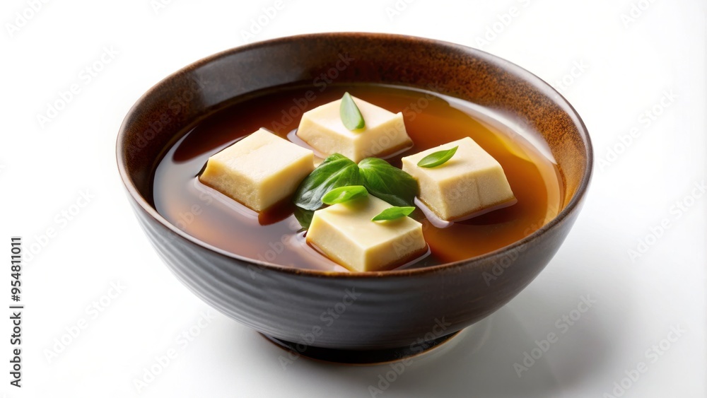 A photo image of a delicate omakase miso soup with soft white tofu cubes suspended in a rich brown broth on a clean white background. A photo image of a delicate omakase miso soup with soft white tofu cubes suspended in a rich brown broth on a clean white background.