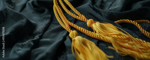 Graduation cap and gown displayed with honor cords, 4K hyperrealistic photo