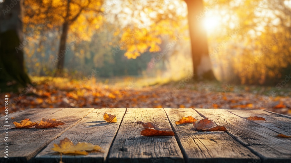 Wooden Table with Autumn Leaves Overlooking Golden Forest and Setting Sun. AI generated illustration Wooden Table with Autumn Leaves Overlooking Golden Forest and Setting Sun. AI generated illustration