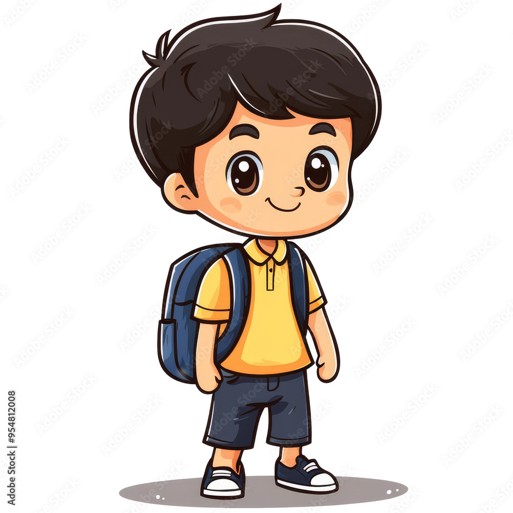 Cute cartoon school boy in yellow shirt and backpack on a white background ready for class
