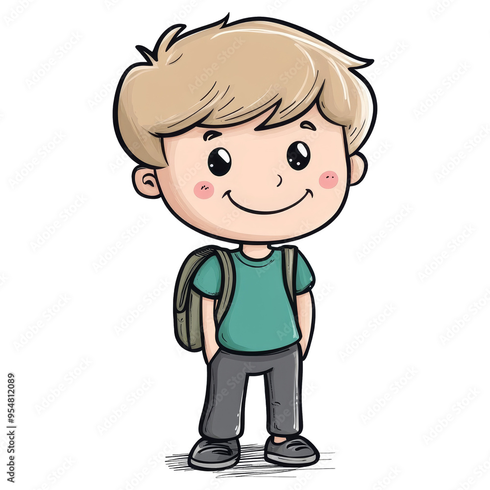 Cute cartoon school boy illustration with backpack on a white background, doodle art style Cute cartoon school boy illustration with backpack on a white background, doodle art style