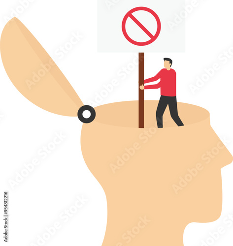 A man destroys a prohibition sign from his head. Human complexes. Declutter your mind, clear your brain to regain focus improve creative thinking ability, free up memory concept. Vector illustration

