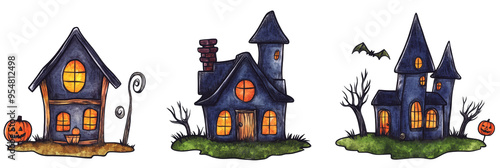 Cute Halloween haunted house clipart set on a white background perfect for spooky designs photo