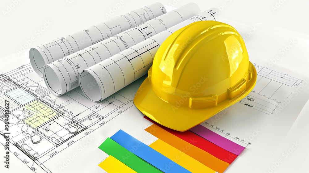 Helmet with bluprint construction colorful bar graph isolated on white background. Helmet with bluprint construction colorful bar graph isolated on white background.