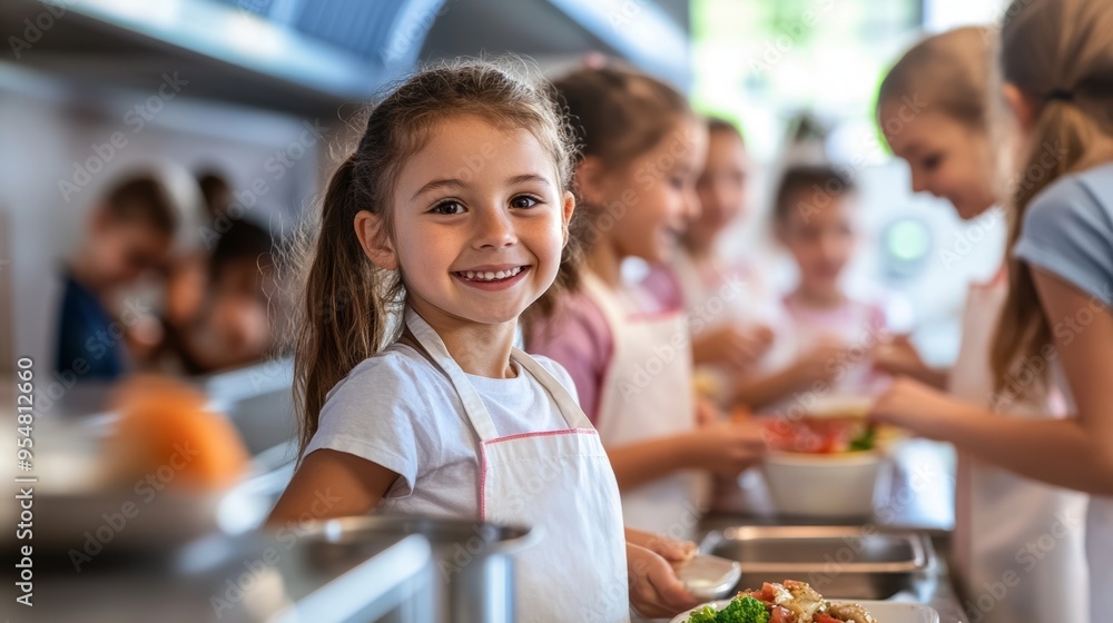 Cooking class with cheerful girl in striped apron. Concepts of culinary education for children, teamwork, and nutrition for kids. Cooking class with cheerful girl in striped apron. Concepts of culinary education for children, teamwork, and nutrition for kids.