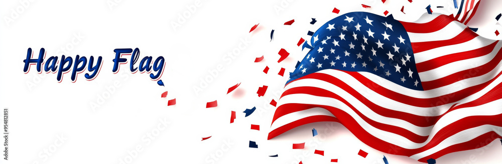 Fototapeta premium Happy Flag design with an American flag and colorful confetti, celebrating patriotism and national pride.