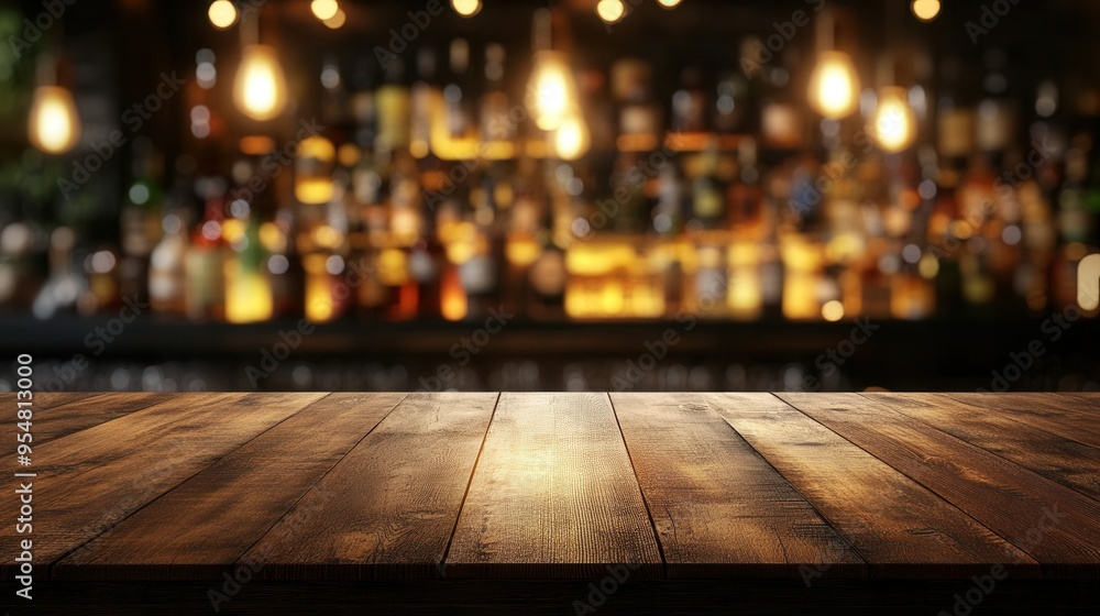 Empty Wooden Table Top with Blurred Bar Background. AI generated illustration Empty Wooden Table Top with Blurred Bar Background. AI generated illustration