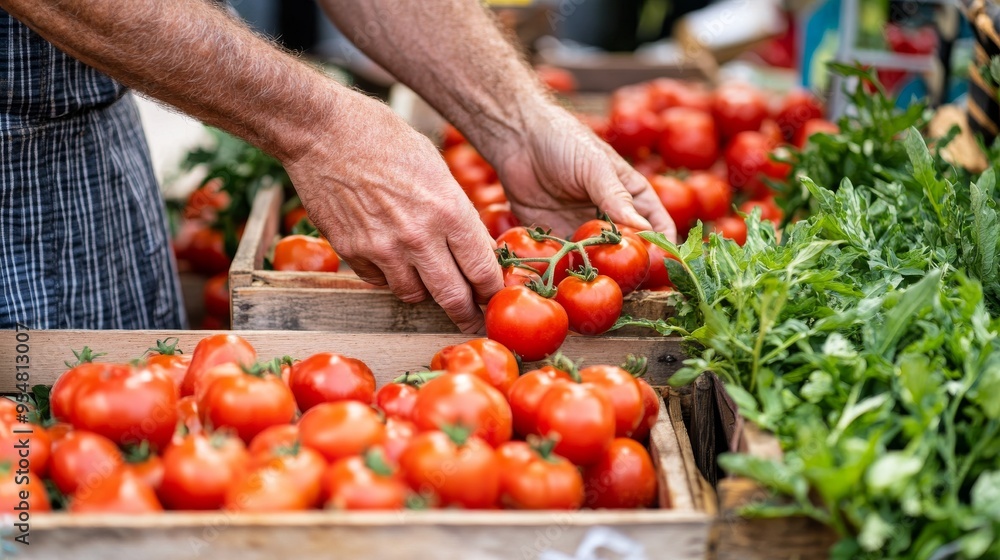Photograph of hands selecting tomatoes and greens at the farmers market, ideal for agricultural and culinary photography Photograph of hands selecting tomatoes and greens at the farmers market, ideal for agricultural and culinary photography