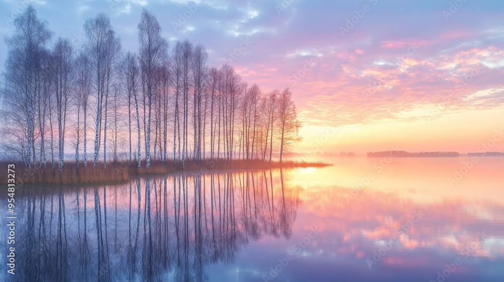Fototapeta premium Silhouetted Trees Reflecting in a Still Lake at Sunset