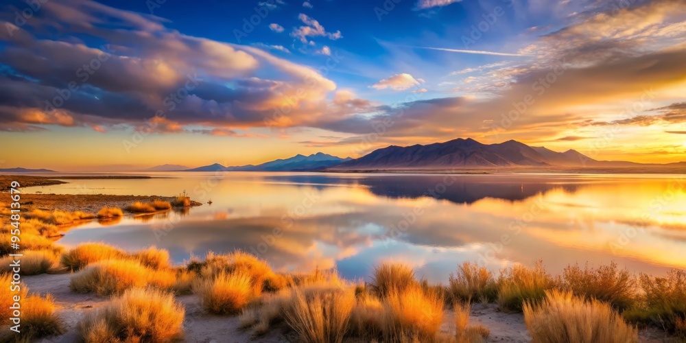 Obraz premium Great Salt Lake, Utah, USA in the evening, featuring a dreamy, ethereal quality, with the lake's misty atmosphere and soft, warm light evoking a sense of mystique and wonder.