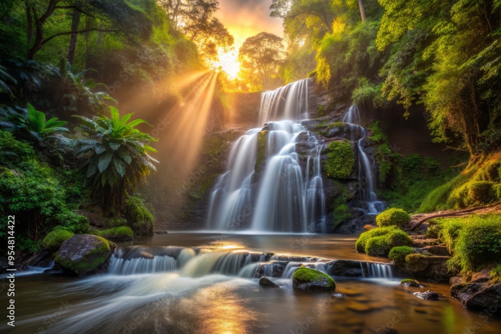 Cuquenan Falls in June peaceful, serene image of the falls at dusk, with soft, warm light, and a sense of calmness and relaxation, with accurate depiction of the rainforest's sounds and scents. Cuquenan Falls in June peaceful, serene image of the falls at dusk, with soft, warm light, and a sense of calmness and relaxation, with accurate depiction of the rainforest's sounds and scents.