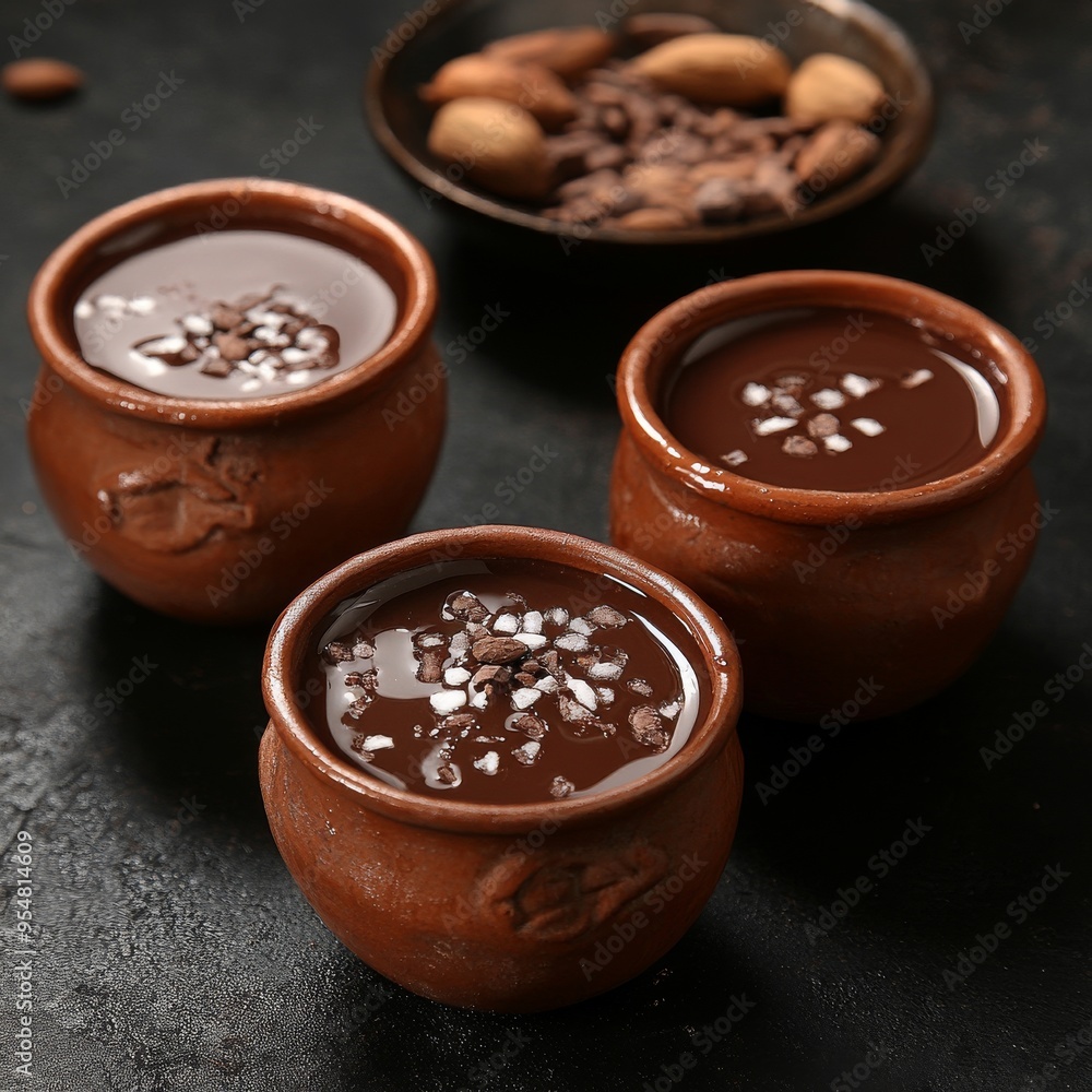 Traditional clay cups of Mexican hot chocolate with chilies. Warm and spicy, cultural beverage, cozy setting, Mexican culture Traditional clay cups of Mexican hot chocolate with chilies. Warm and spicy, cultural beverage, cozy setting, Mexican culture